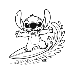 Tekening Stitch aan het Surfen