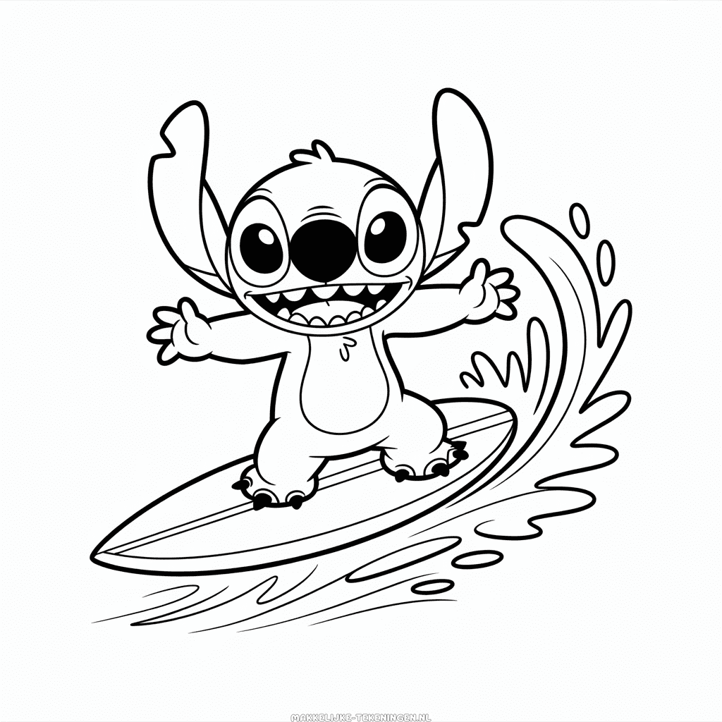 Tekening Stitch aan het Surfen