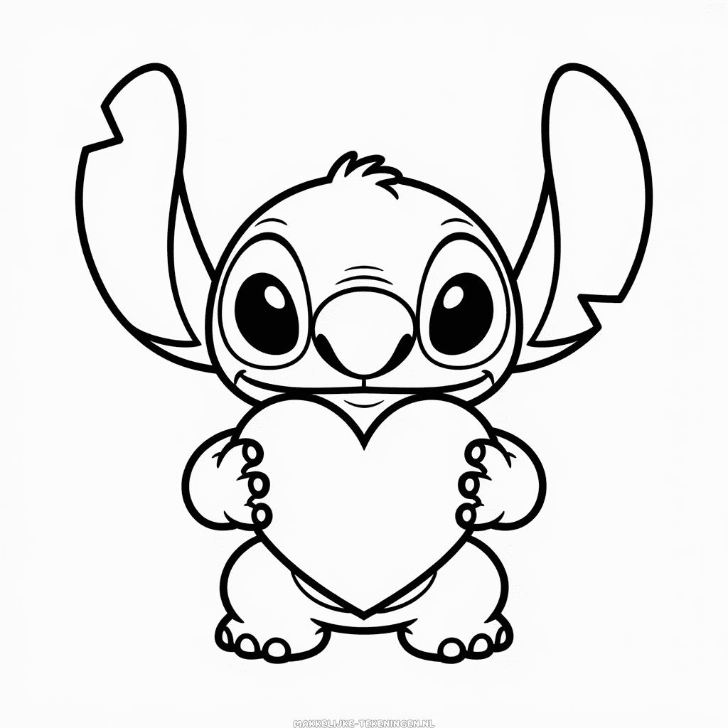 Tekening Stitch die een Hart Vasthoudt