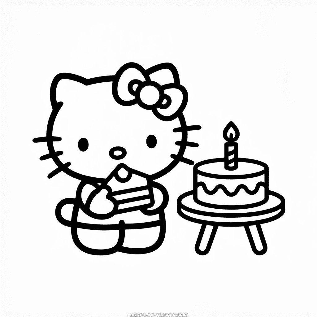 Tekening Hello Kitty en de Verjaardagstaart