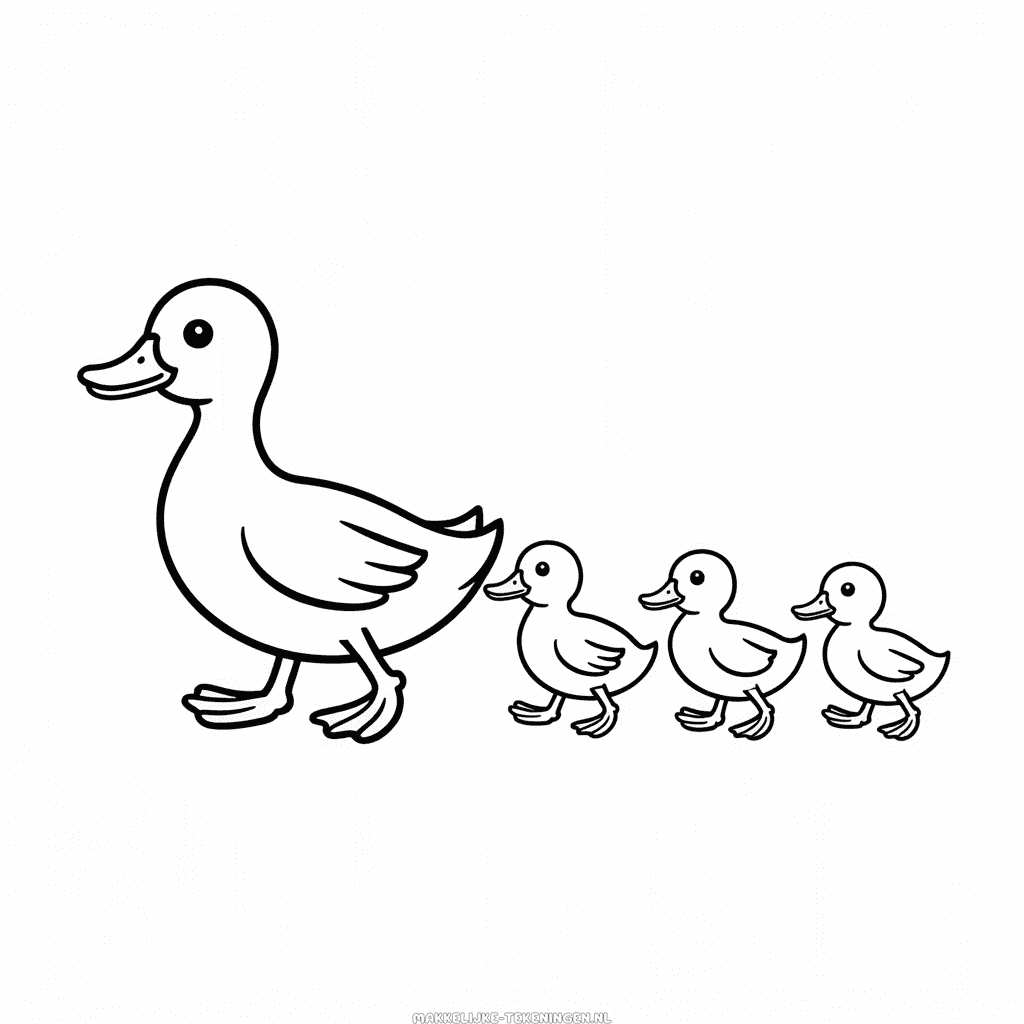 Tekening Eend en eendjes wandelen