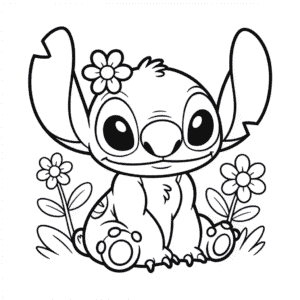 Tekening Schattige Stitch en Bloemen