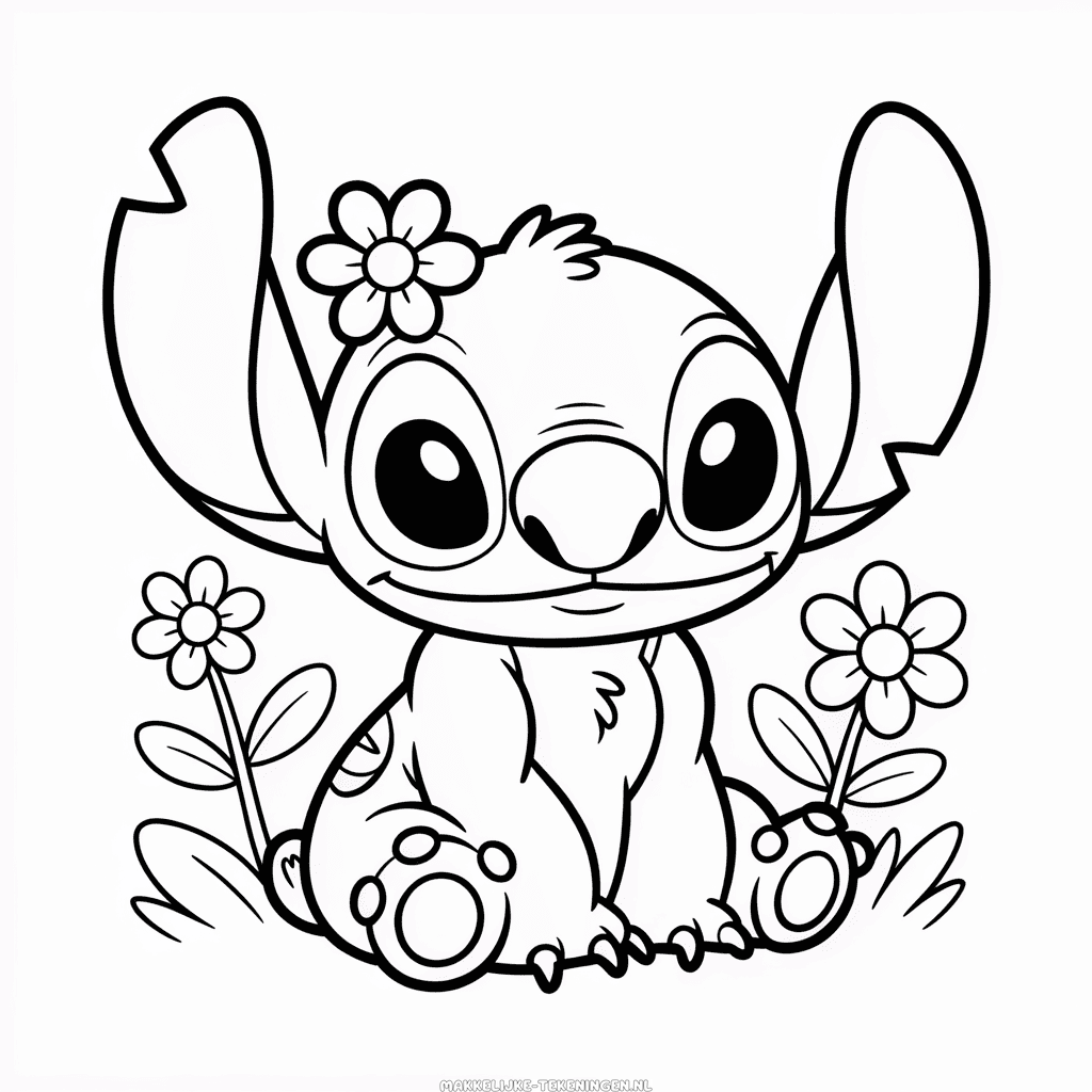 Tekening Schattige Stitch en Bloemen