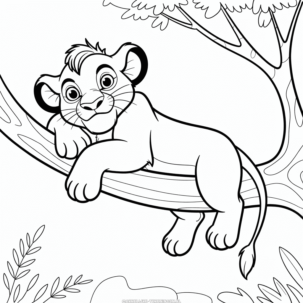Tekening De Leeuwenkoning Simba in een Boom